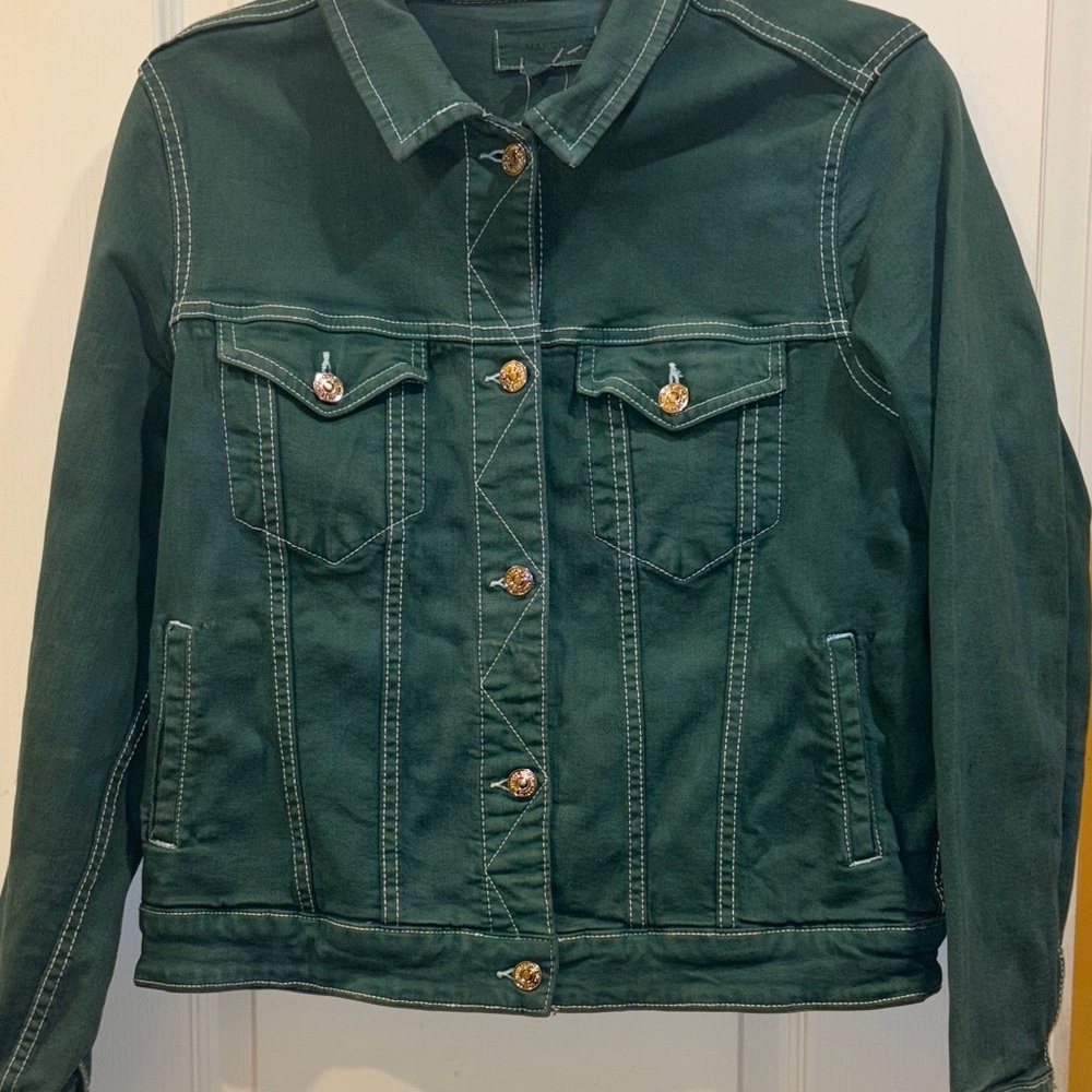 MANGO…GREEN DENIM JACKET SILVER BUTTONS SIZE XL COTTON AND ELASTANE PTP 21”/22”